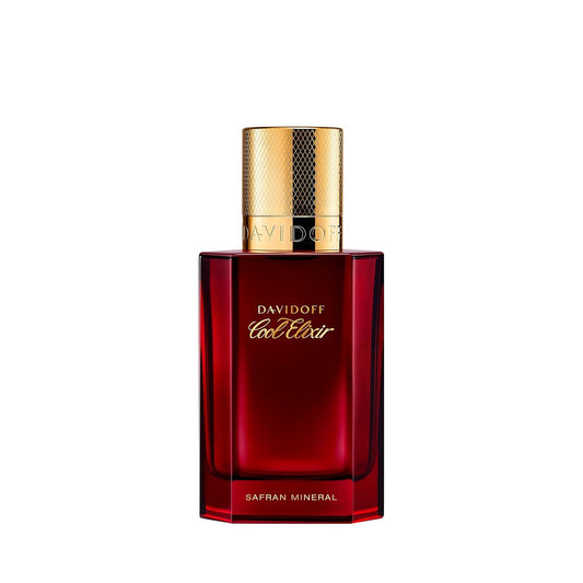 Davidoff Col Elixir perfume bottle in a deep red glass with a textured gold cap, on a solid white background.