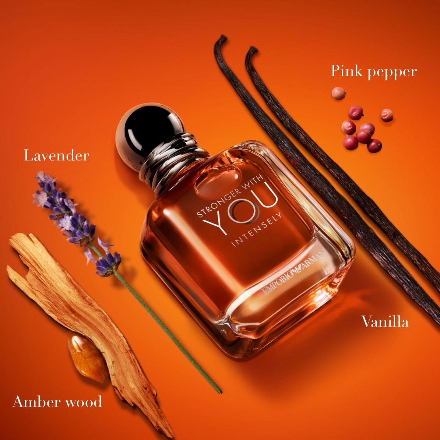 Perfume bottle labeled 'Stronger With You Intensely' with lavender, pink pepper, vanilla, and amber wood elements on an orange background.