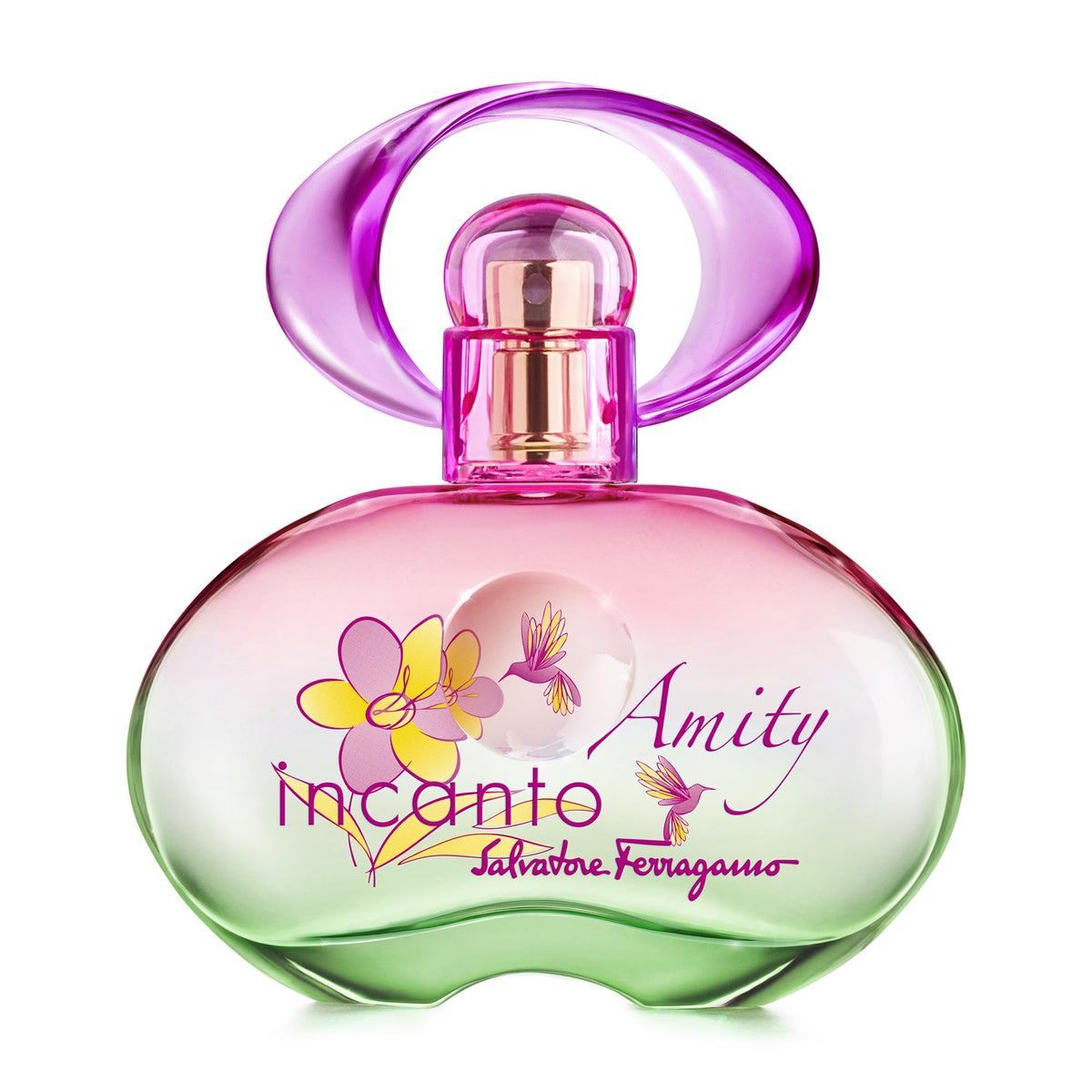 Perfume bottle with pink and green design on a white background