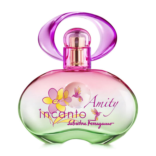 Perfume bottle with pink and green design on a white background