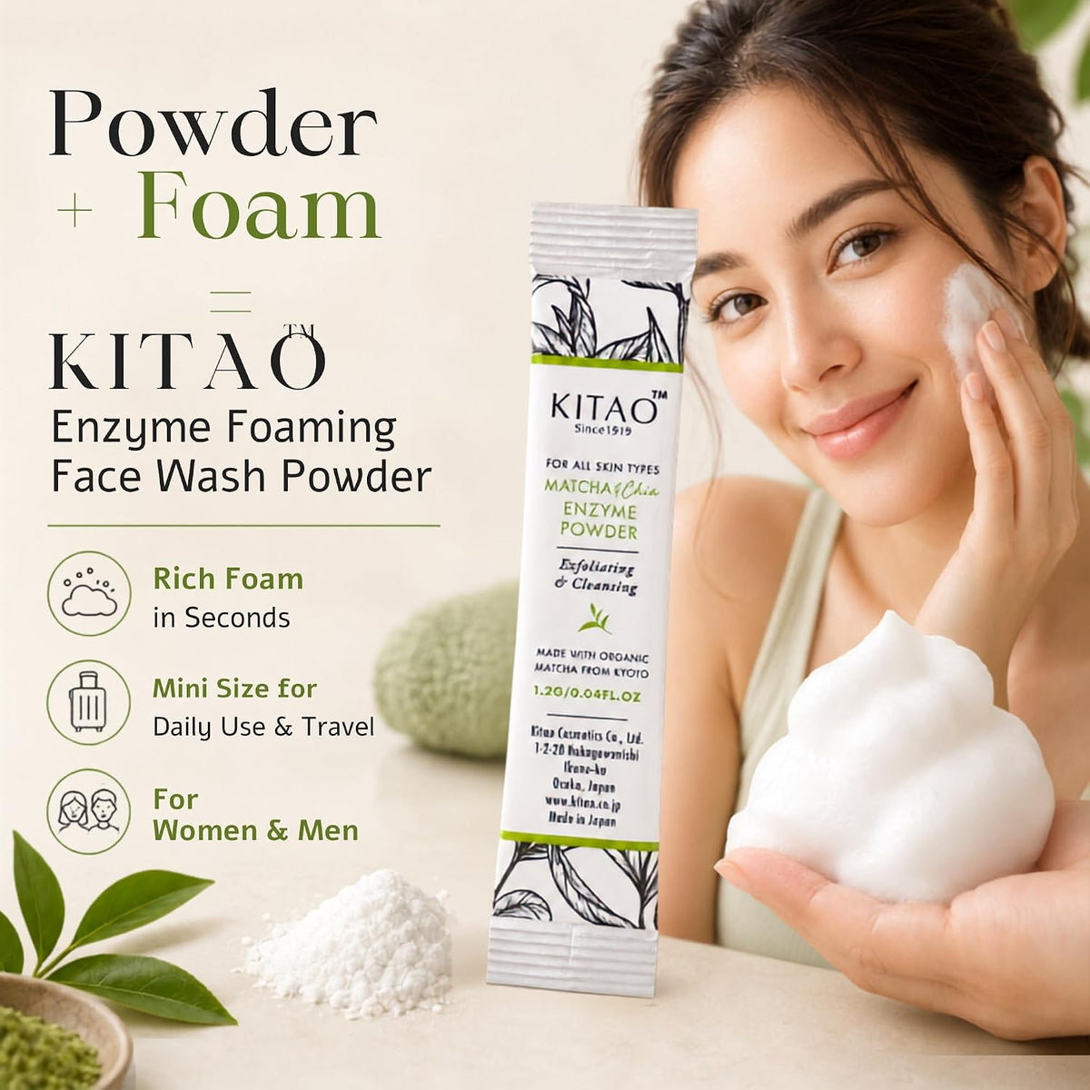 KITAO Enzyme Foaming Face Wash Powder tube shown beside a woman applying white foam to her face, with text callouts about rich foam, mini size, and use for women and men on a light beige background.
