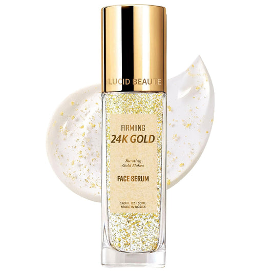 Lucid Beauté Firming 24K Gold face serum in a clear rectangular bottle with a shiny gold cap, shown on a white background with a gold-and-white swirled product smear behind it.