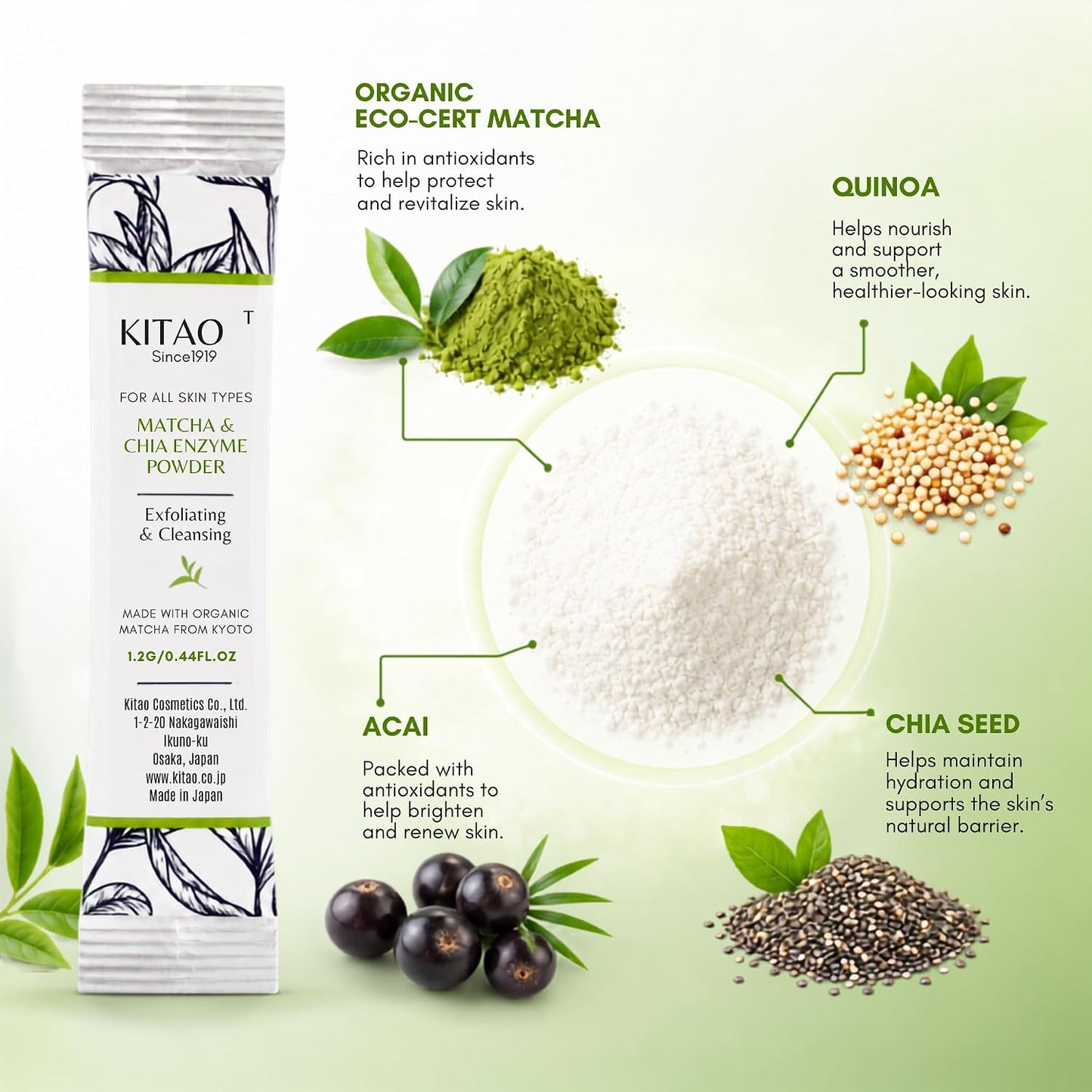 KITAO Matcha & Chia Enzyme Powder Wash | Kyoto Foam Cleanser