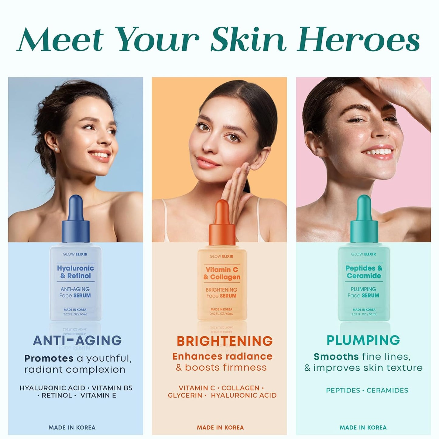 Glow Elixir Korean Face Serum Collection – Hyaluronic Retinol, Peptides Ceramide, Vitamin C Collagen & Firming Serums | 60ml Each