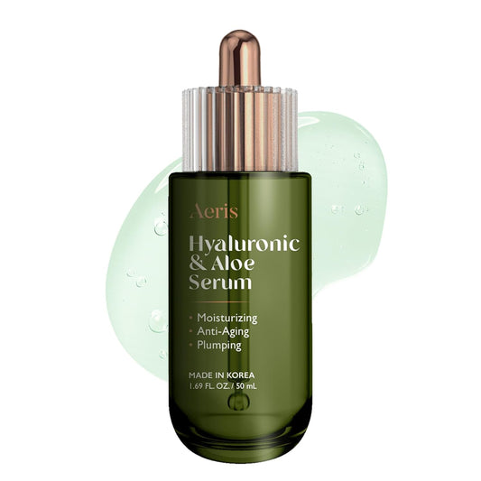 Aeris Hyaluronic & Aloe Serum in a dark green glass dropper bottle with a rose gold cap, set against a white background with a pale green aloe gel splash behind it.