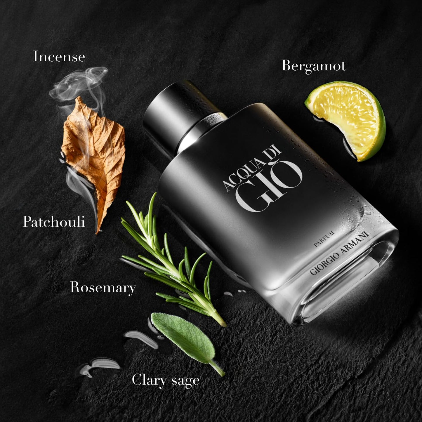 Perfume bottle with botanical elements and text on a dark background