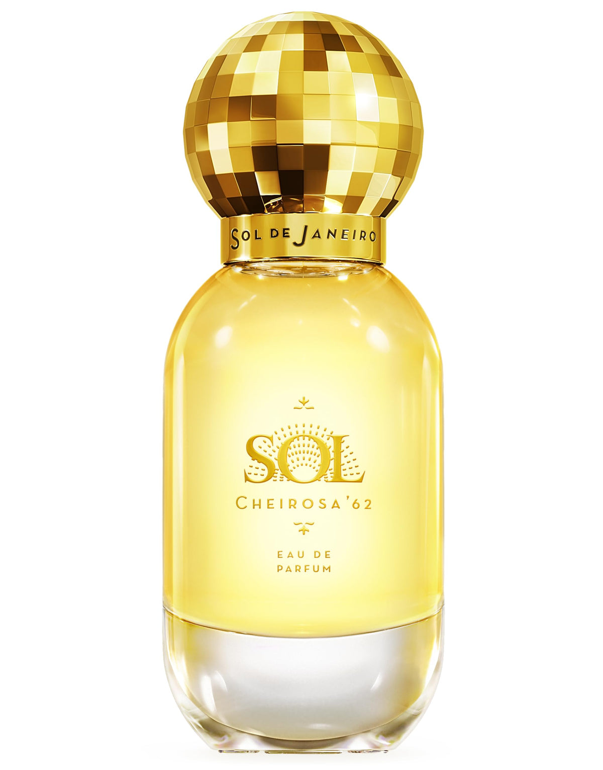 Yellow perfume bottle with gold cap on a white background