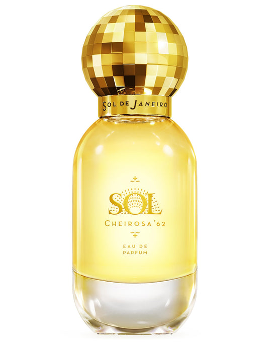 Yellow perfume bottle with gold cap on a white background