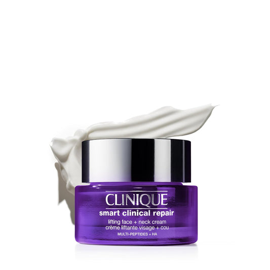 Clinique smart clinical repair cream jar with a white cream smear on a white background