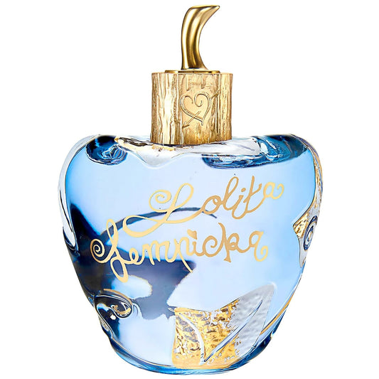 Blue perfume bottle with gold cap and 'Lolita Lempicka' branding on a white background
