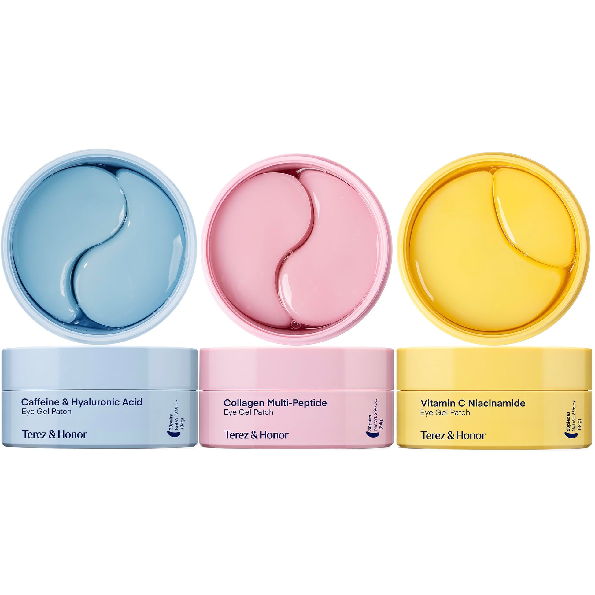 Three containers of Terez & Honor eye gel patches in blue, pink, and yellow on a white background.