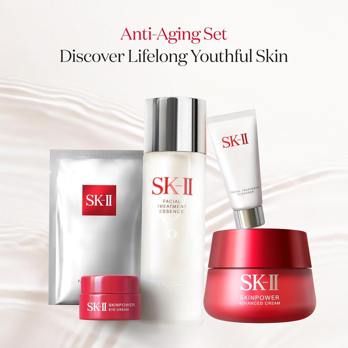 SK-II anti-aging skincare set on a white background