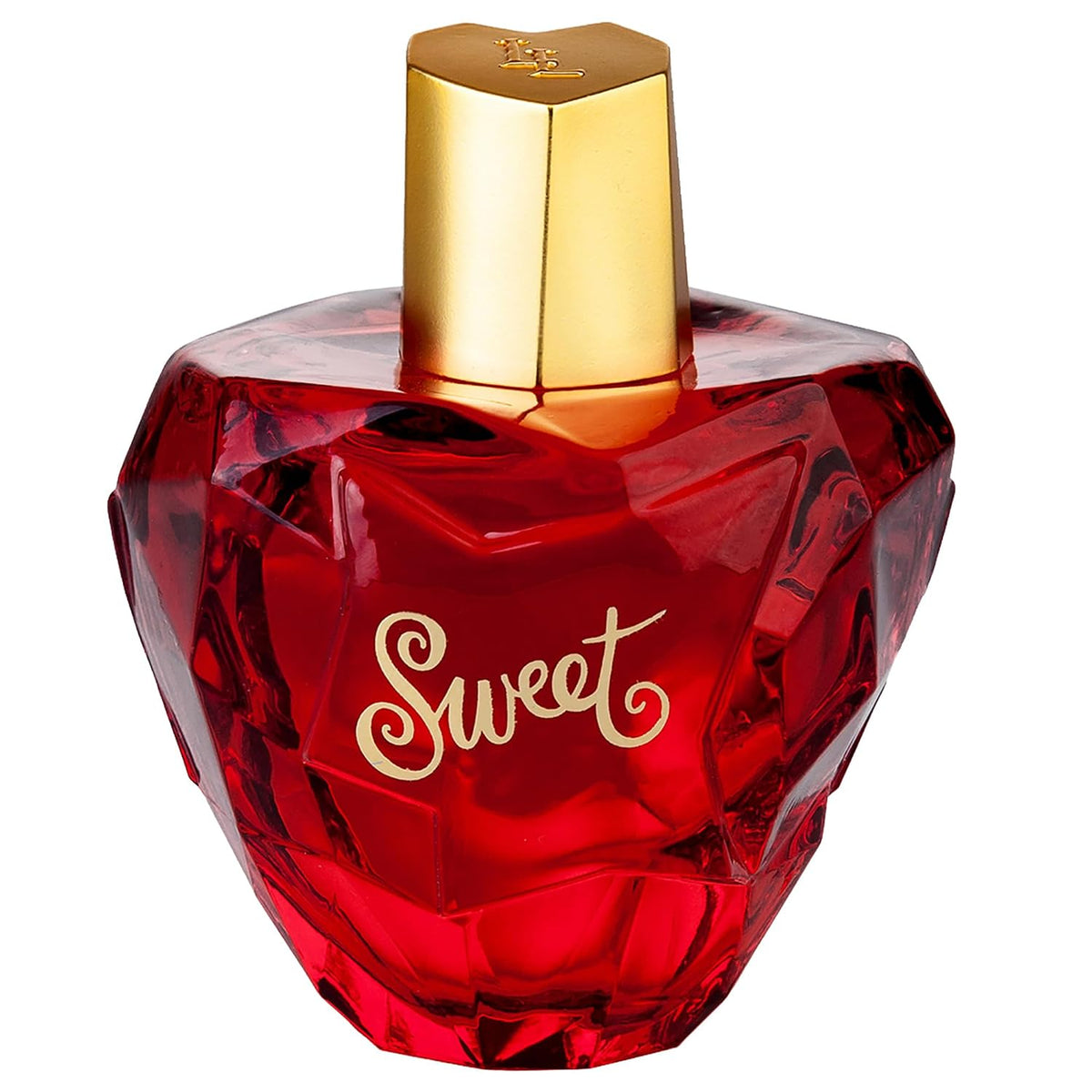 Red perfume bottle with gold cap on a white background