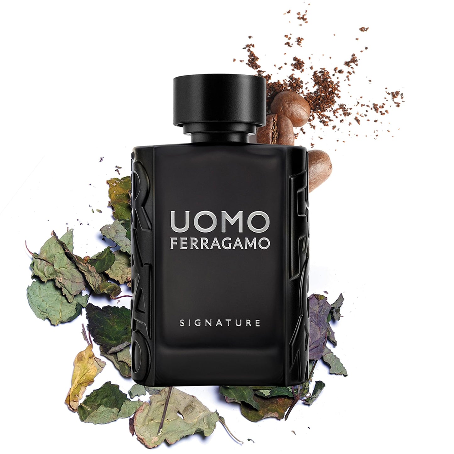 Black Ferragamo perfume bottle with dried leaves and spices on a white background