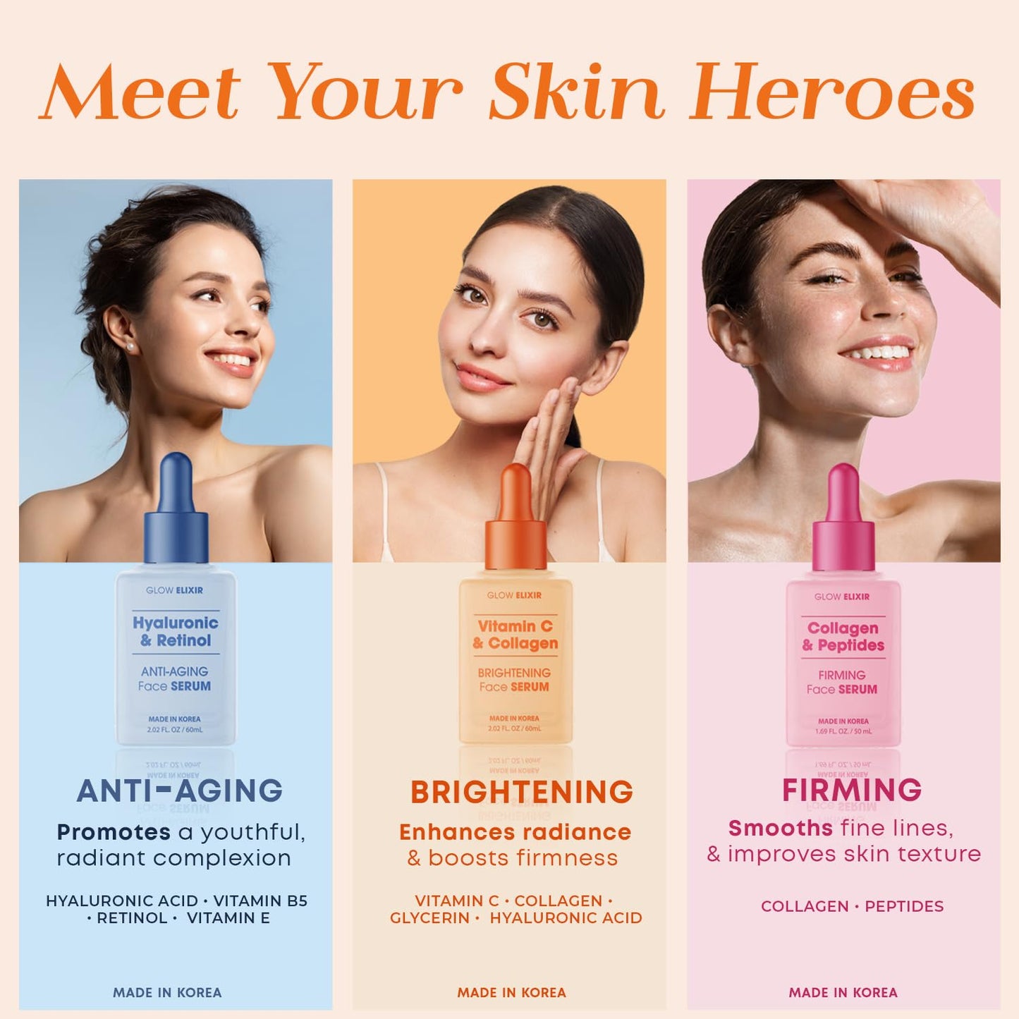 Glow Elixir Korean Face Serum Collection – Hyaluronic Retinol, Peptides Ceramide, Vitamin C Collagen & Firming Serums | 60ml Each