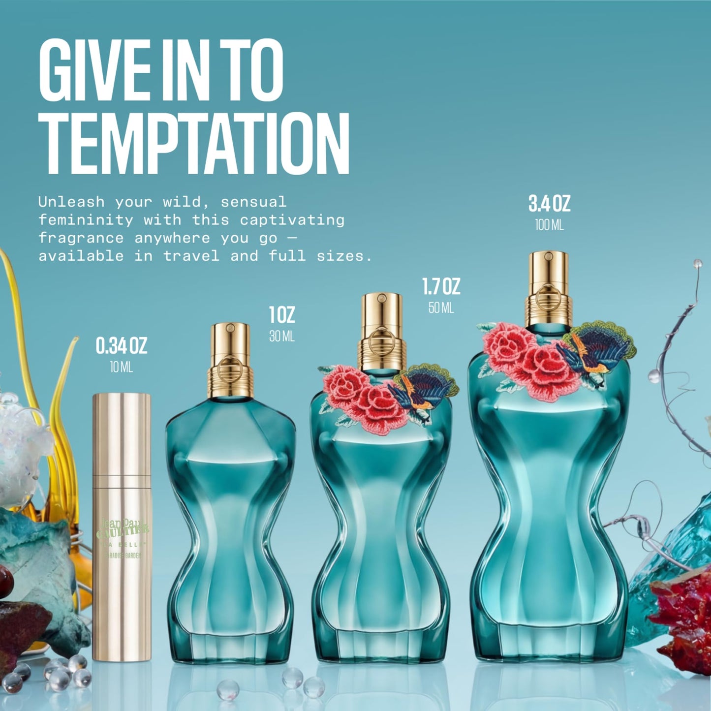 Set of blue perfume bottles with floral designs on a light blue background, featuring text 'Give in to Temptation'.