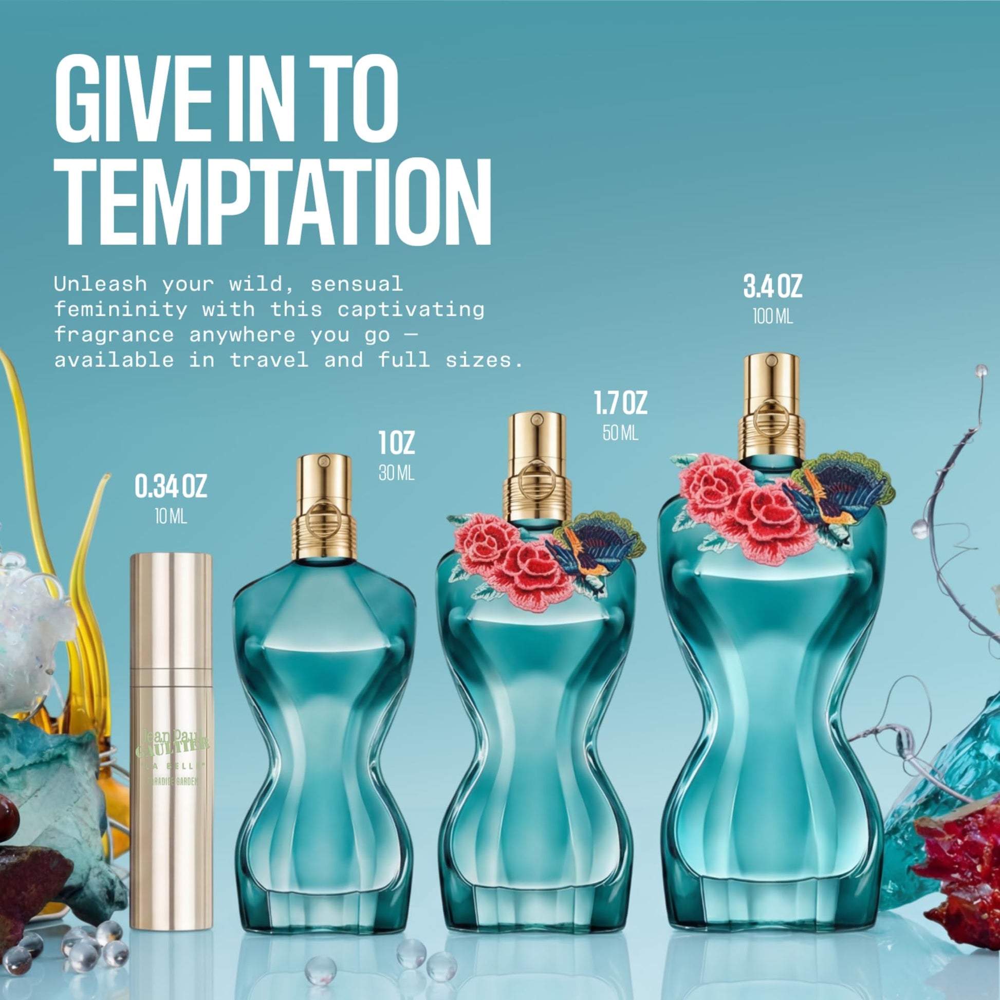 Set of blue perfume bottles with floral designs on a light blue background, featuring text 'Give in to Temptation'.