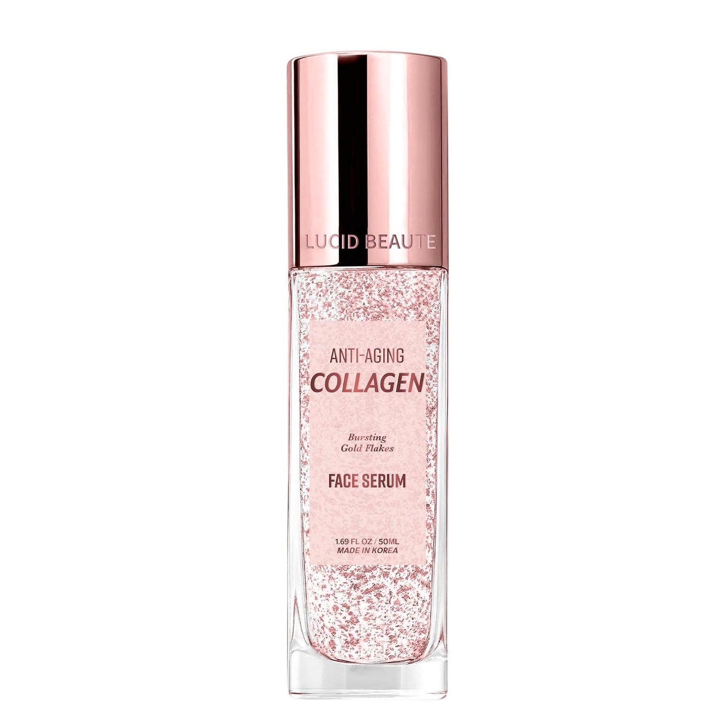 A bottle of Liquid Beauté Anti-Aging Collagen Face Serum, featuring a clear glass bottle filled with sparkling light pink liquid and a metallic rose gold cap, set against a plain white background.