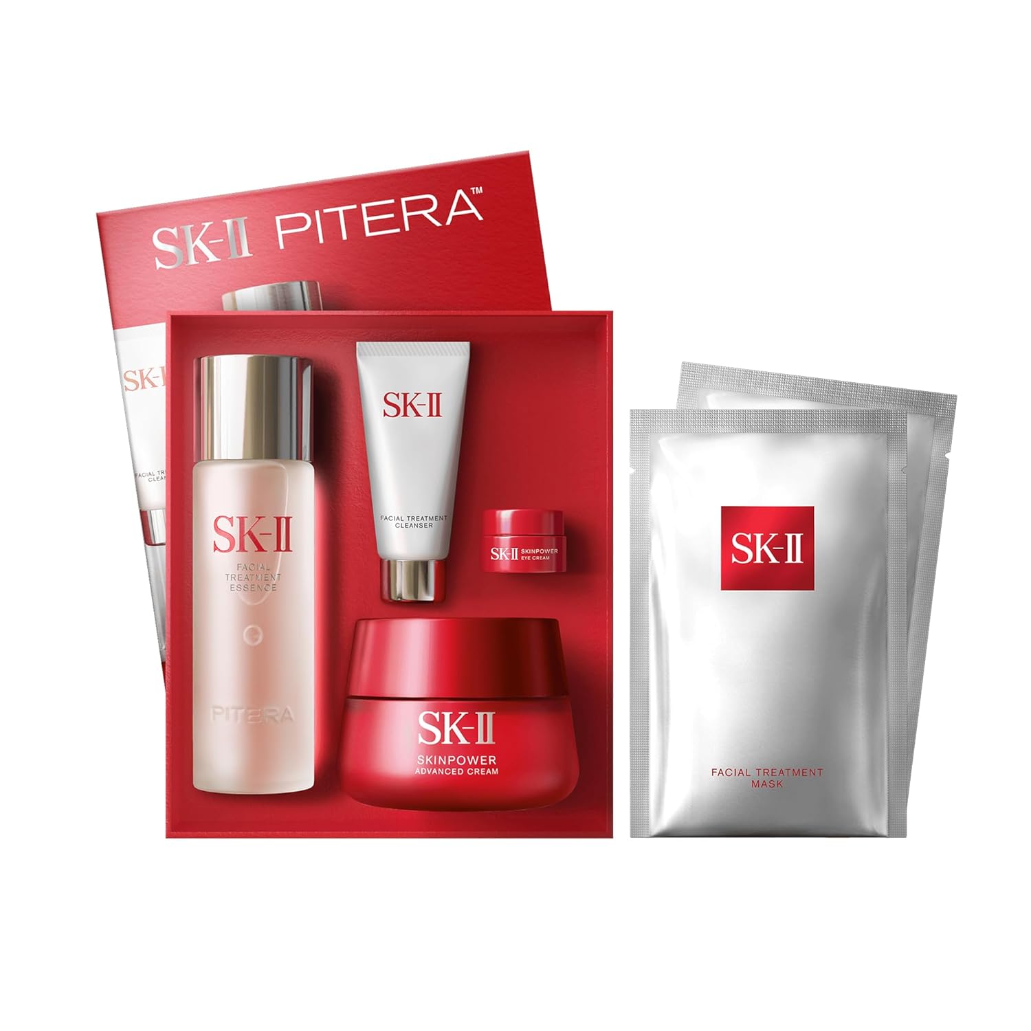 SK-II skincare product set with red and white packaging on a white background