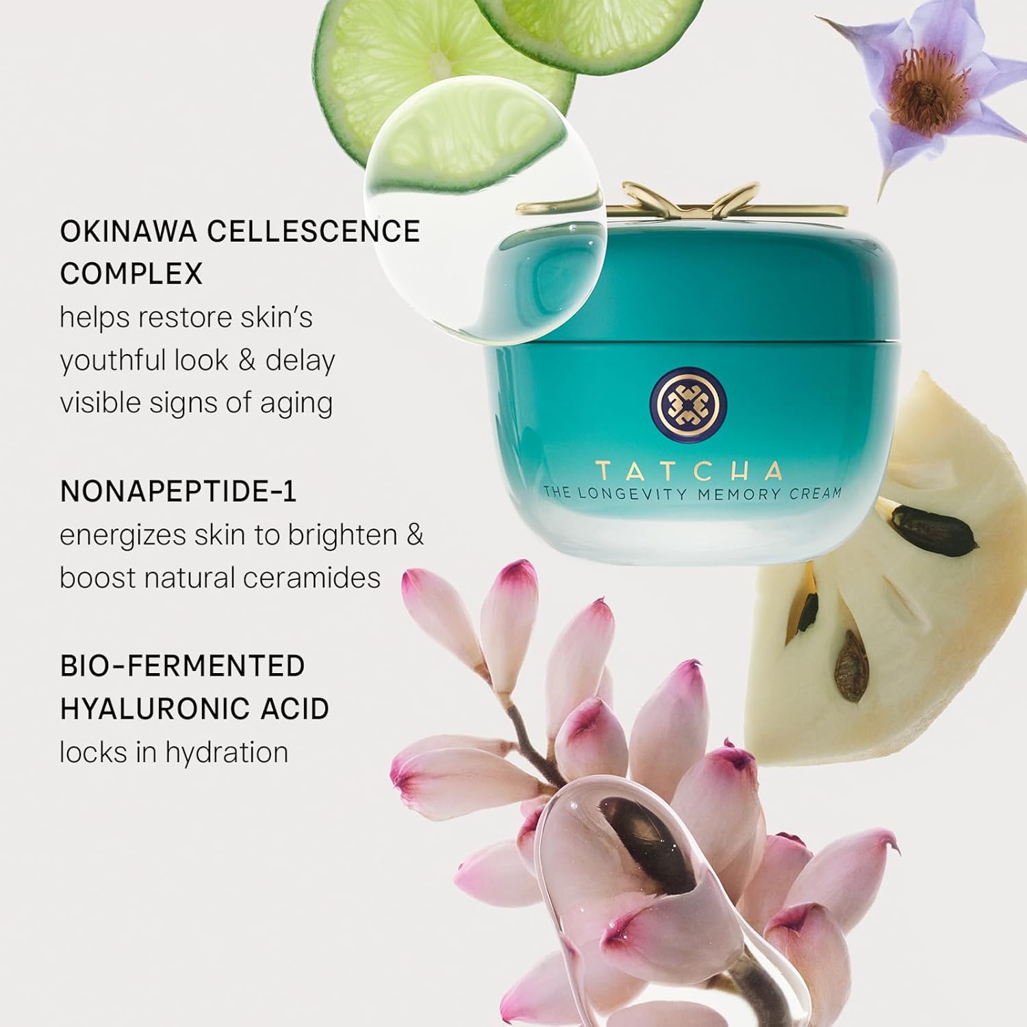 Tatcha skincare product with text about ingredients and benefits on a white background