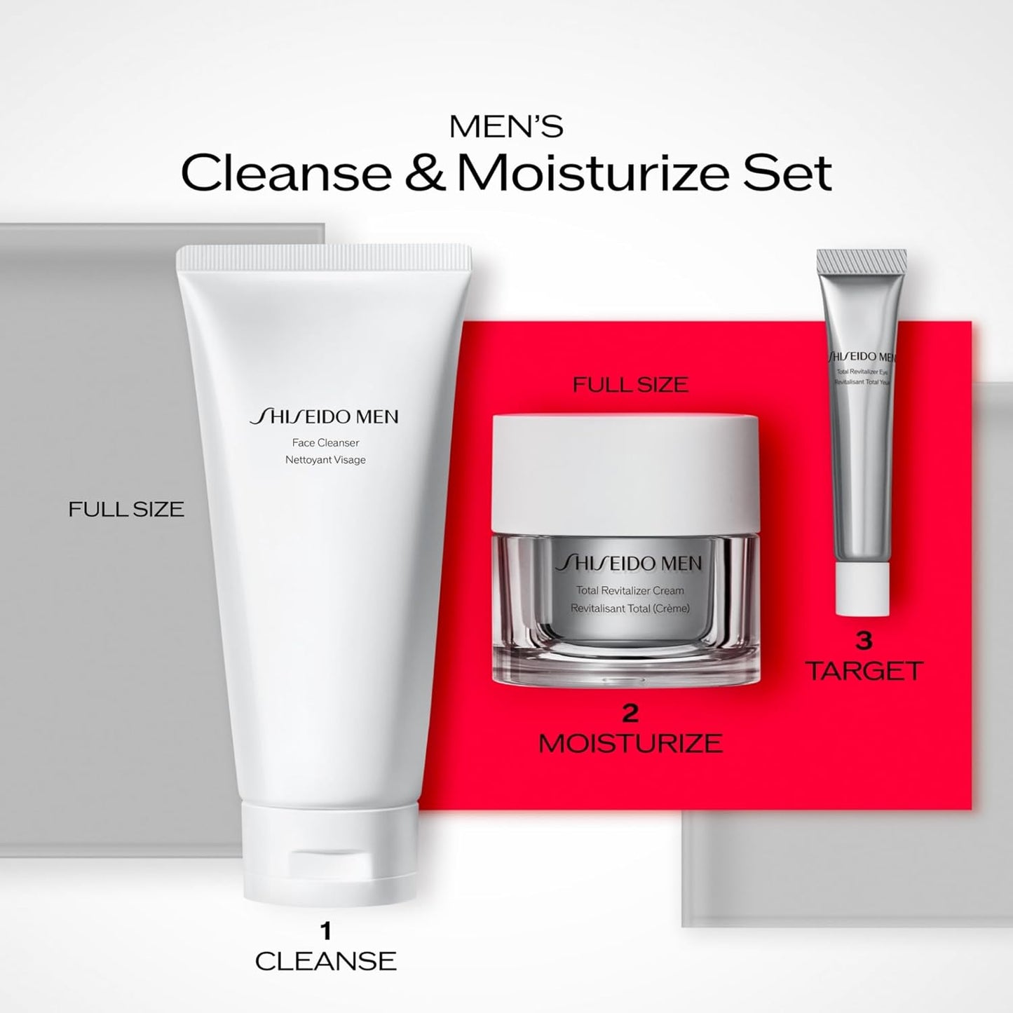 Shiseido Men's Cleanse & Moisturize Set – 3-Piece Anti-Aging Grooming Routine (Full-Size Cleanser & Total Revitalizer Cream)