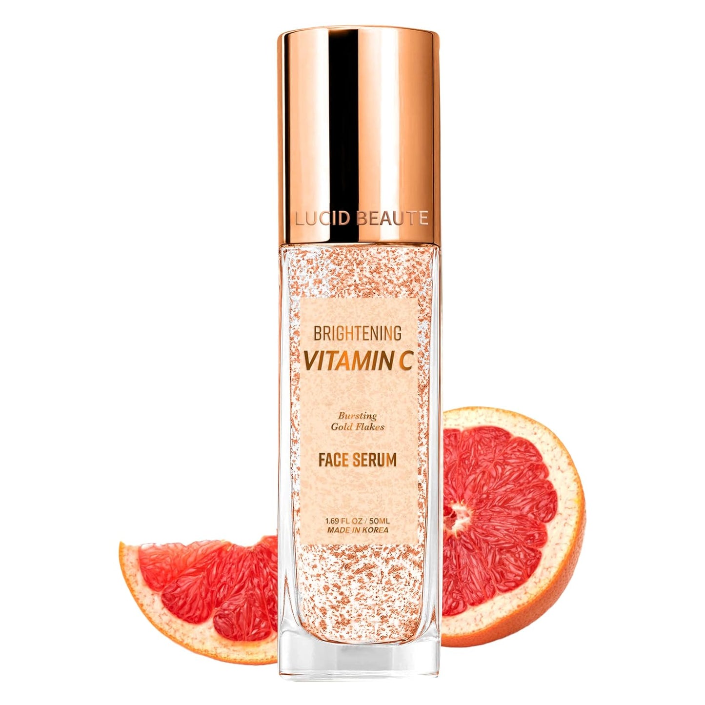 Lucid Beaute Brightening Vitamin C Face Serum in a clear glass bottle with a metallic rose gold cap, flanked by two grapefruit slices on a white background.