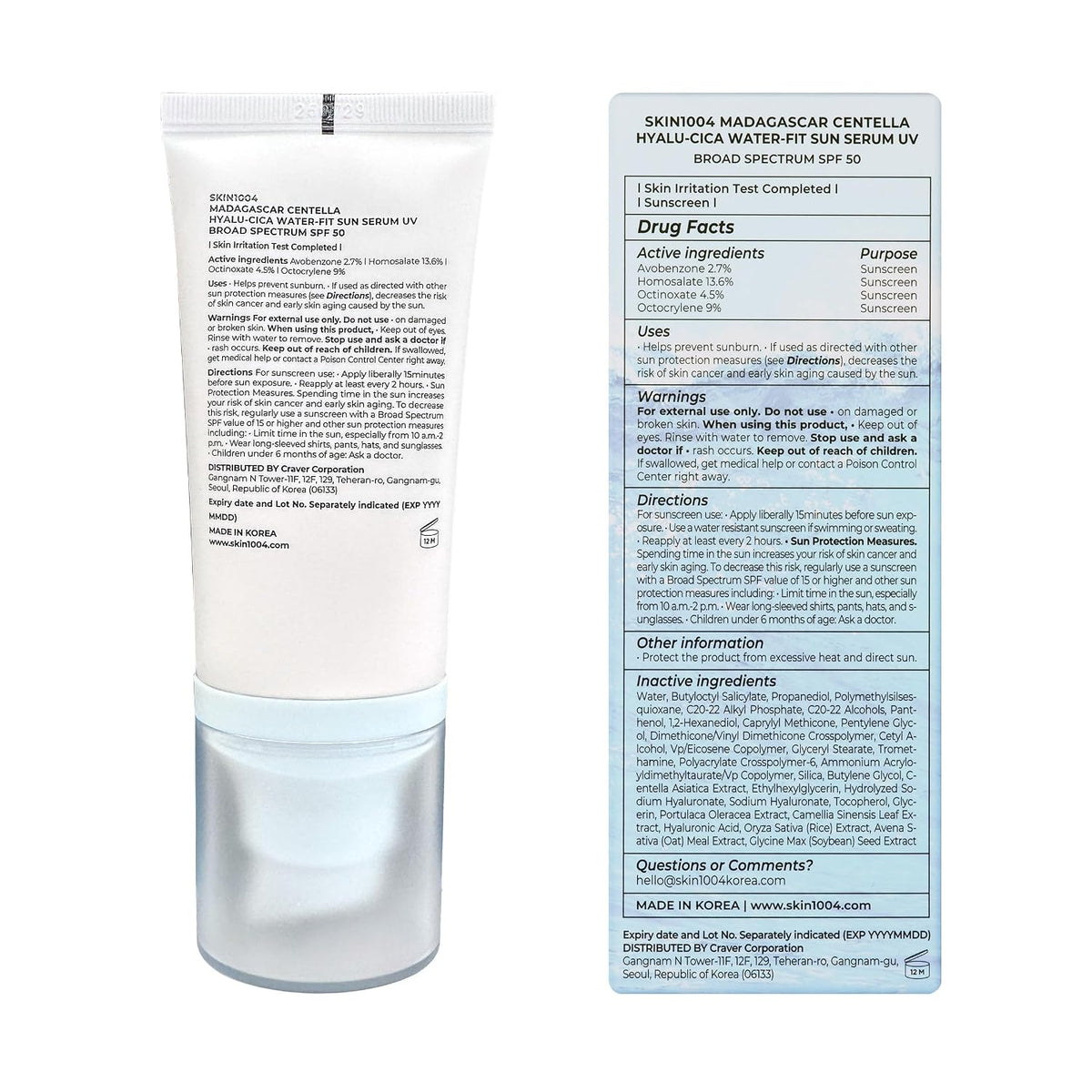 SKIN1004 Madagascar Centella Hyalu-Cica Water-Fit Sun Serum SPF 50 | Lightweight No White Cast Sunscreen