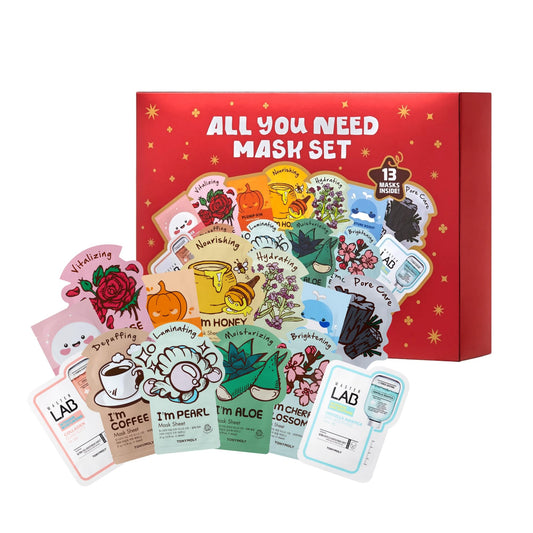 Set of facial masks with a red box labeled 'All You Need Mask Set' on a white background.