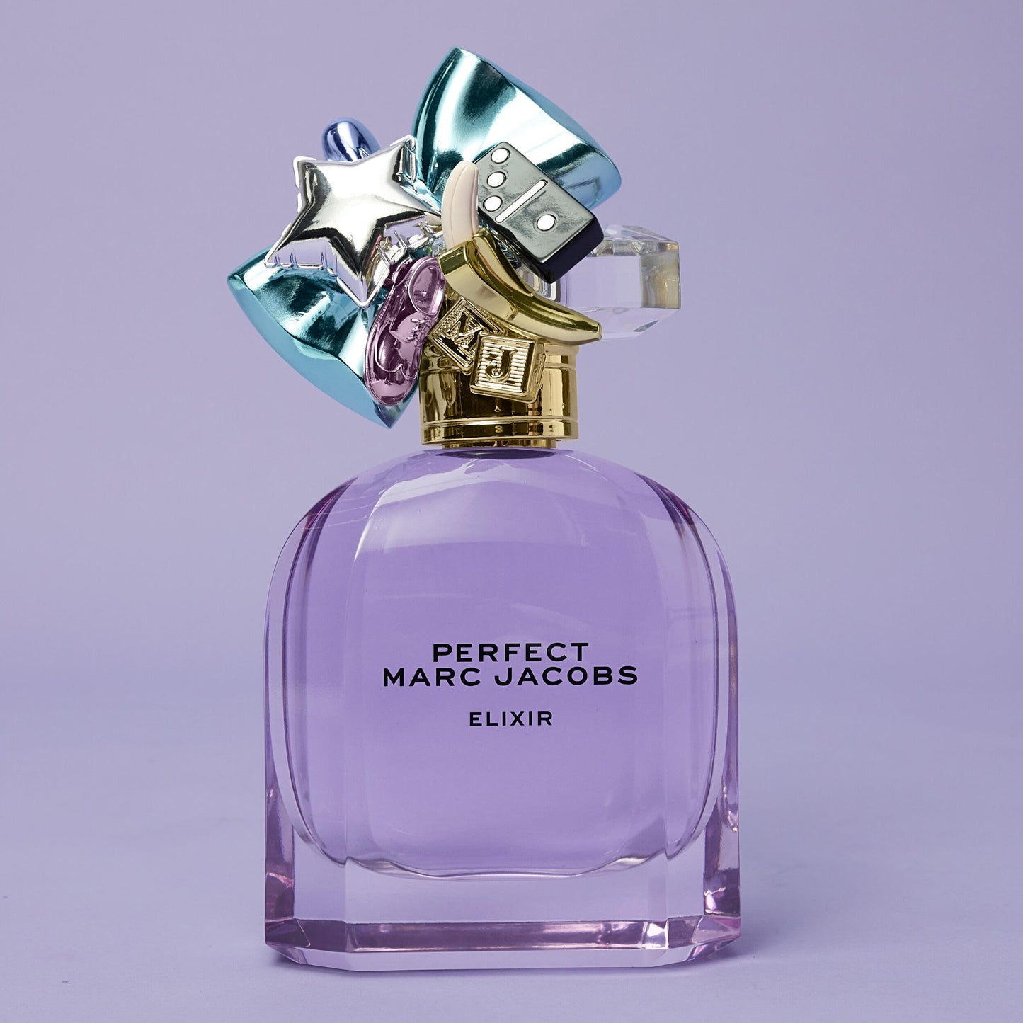 Purple perfume bottle with decorative cap on a light purple background