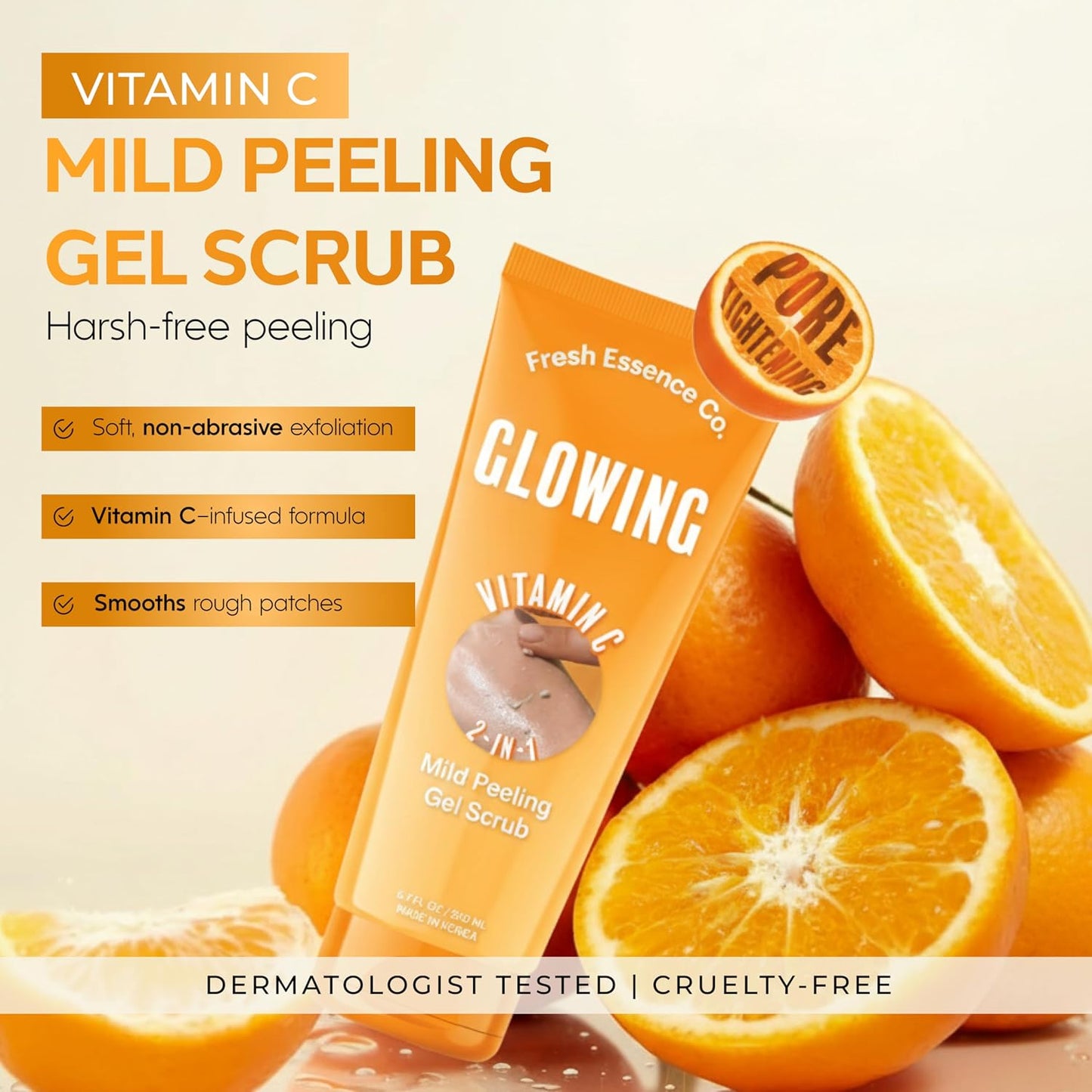 Fresh Essence Co GLOWING Vitamin C 2-in-1 Mild Peeling Gel Scrub – Korean Pore Tightening Exfoliator | 200ml