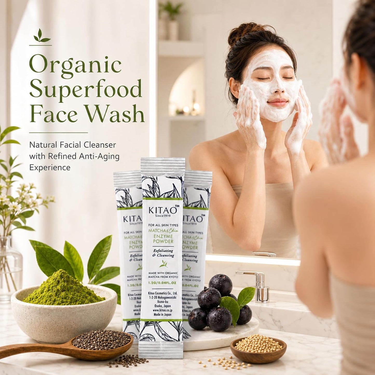 KITAO Matcha & Chia Enzyme Powder Wash | Kyoto Foam Cleanser
