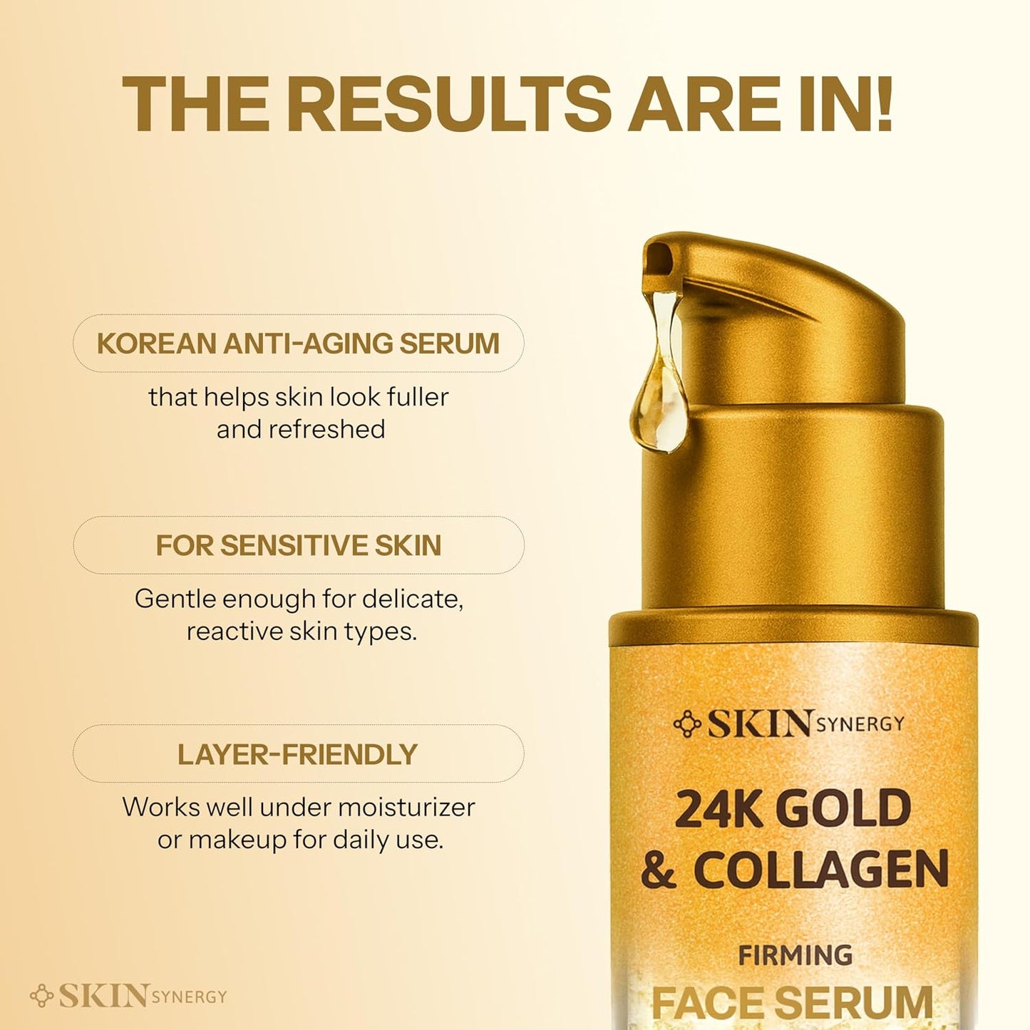 Skin Synergy 24K Gold & Collagen Firming Face Serum – Hydrating Korean Anti-Aging Serum | 50ml