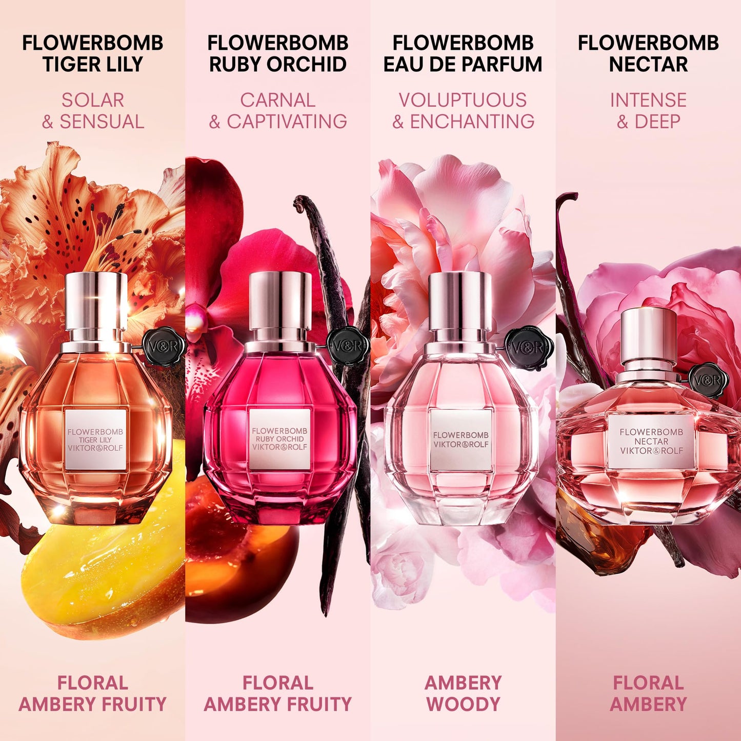 Four Flowerbomb perfume bottles with floral designs and product names on a pink background.