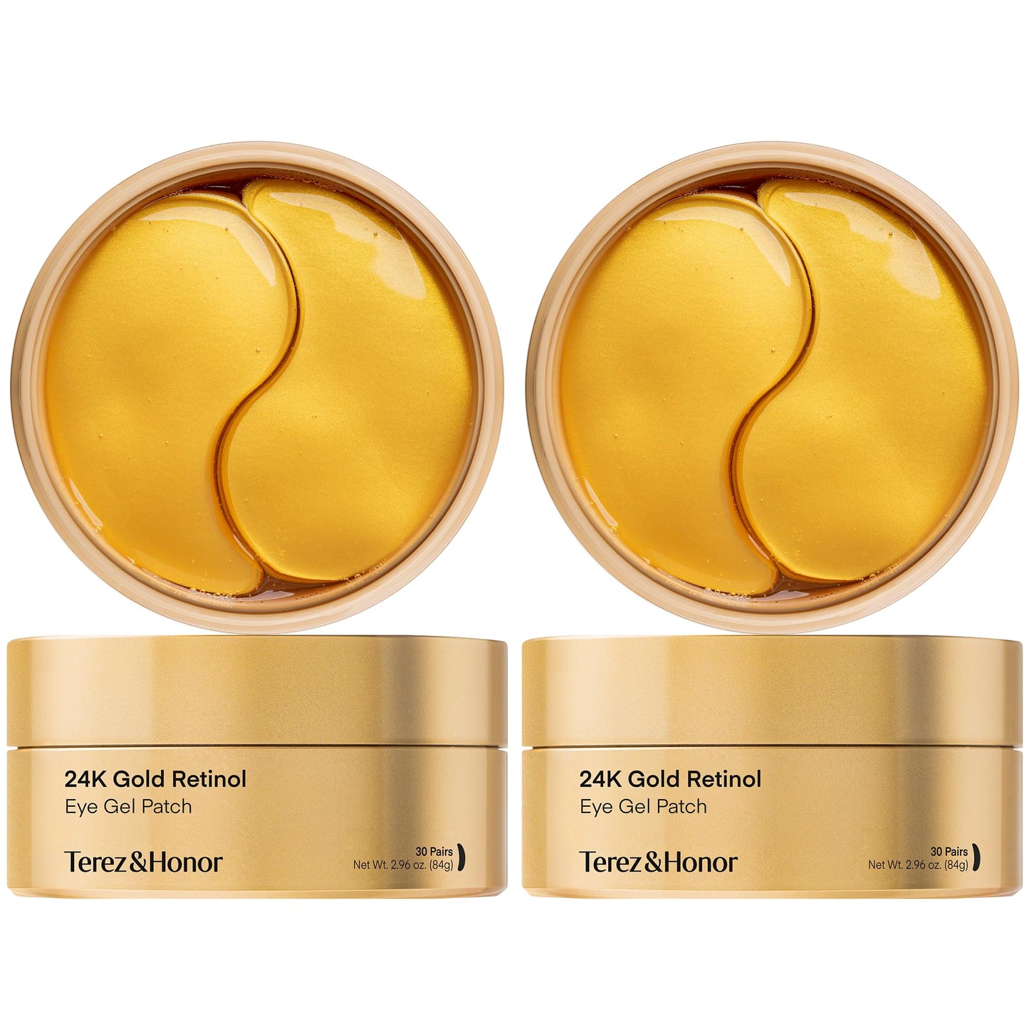 Two open gold jars of Terez&Honor 24K Gold Retinol Eye Gel Patch with two yellow gel patches visible in each jar, shown on a white background.