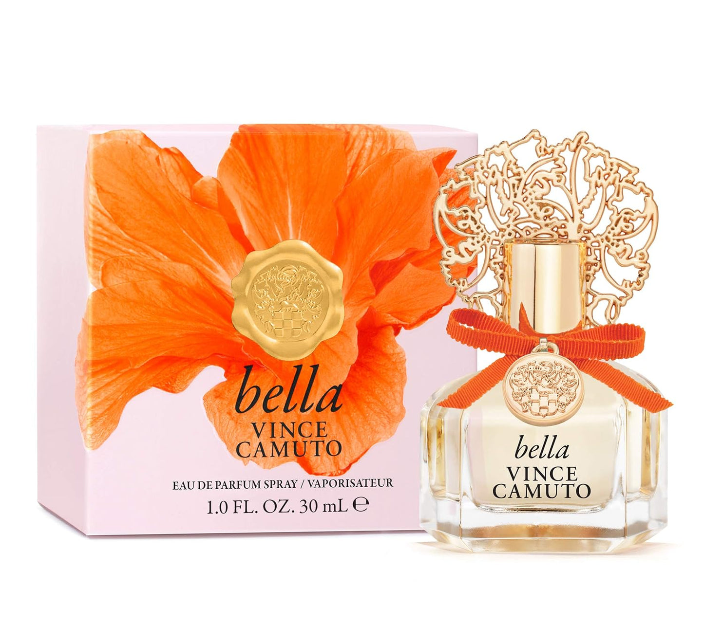 Bella Vince Camuto perfume bottle and packaging with an orange flower design.