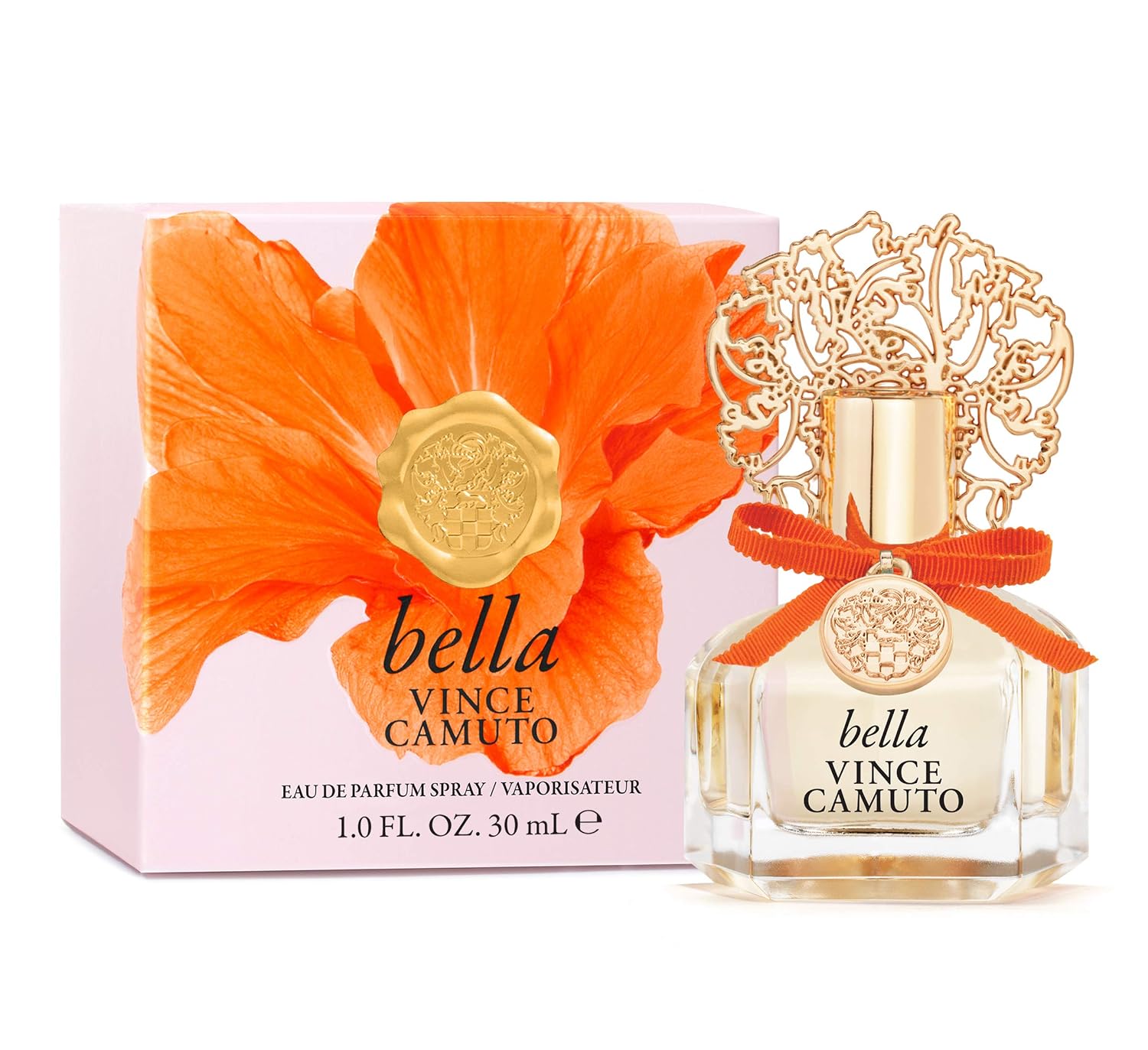 Bella Vince Camuto perfume bottle and packaging with an orange flower design.