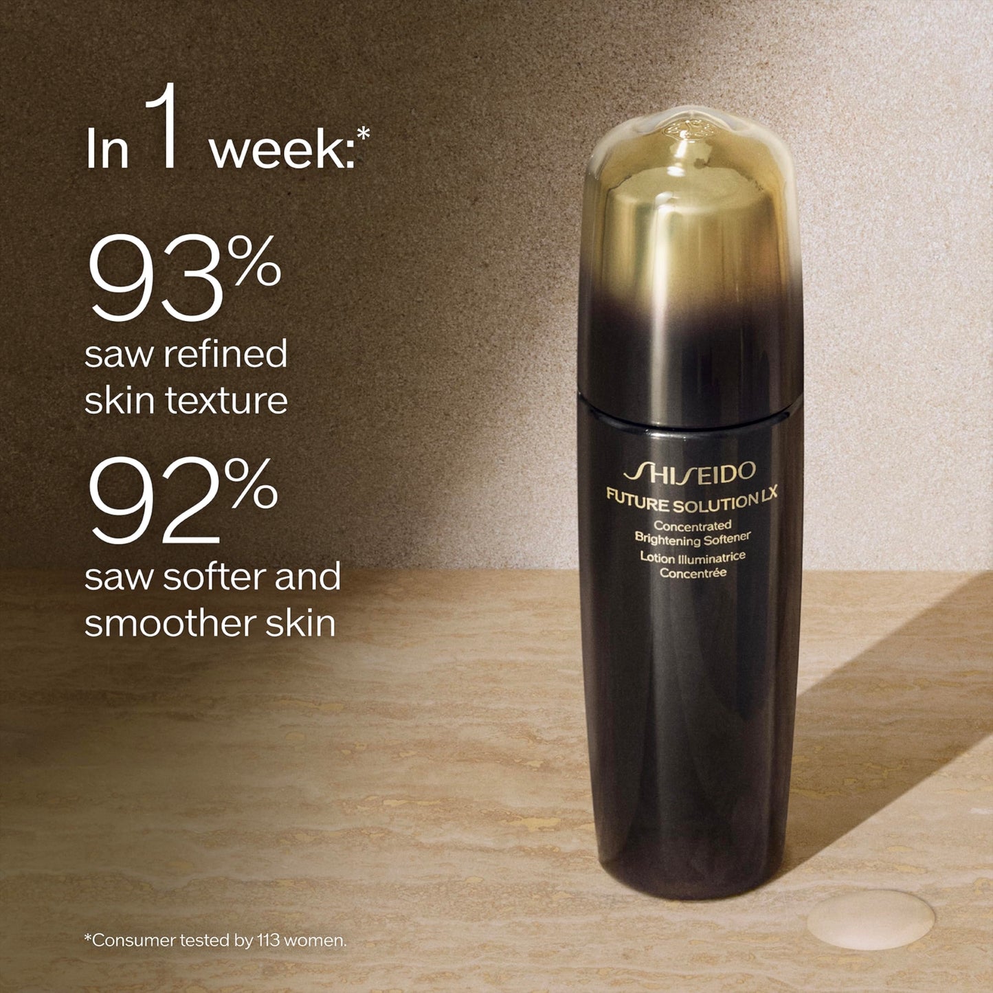 Shiseido Future Solution LX skincare product on a wooden surface with promotional text about skin texture improvement.