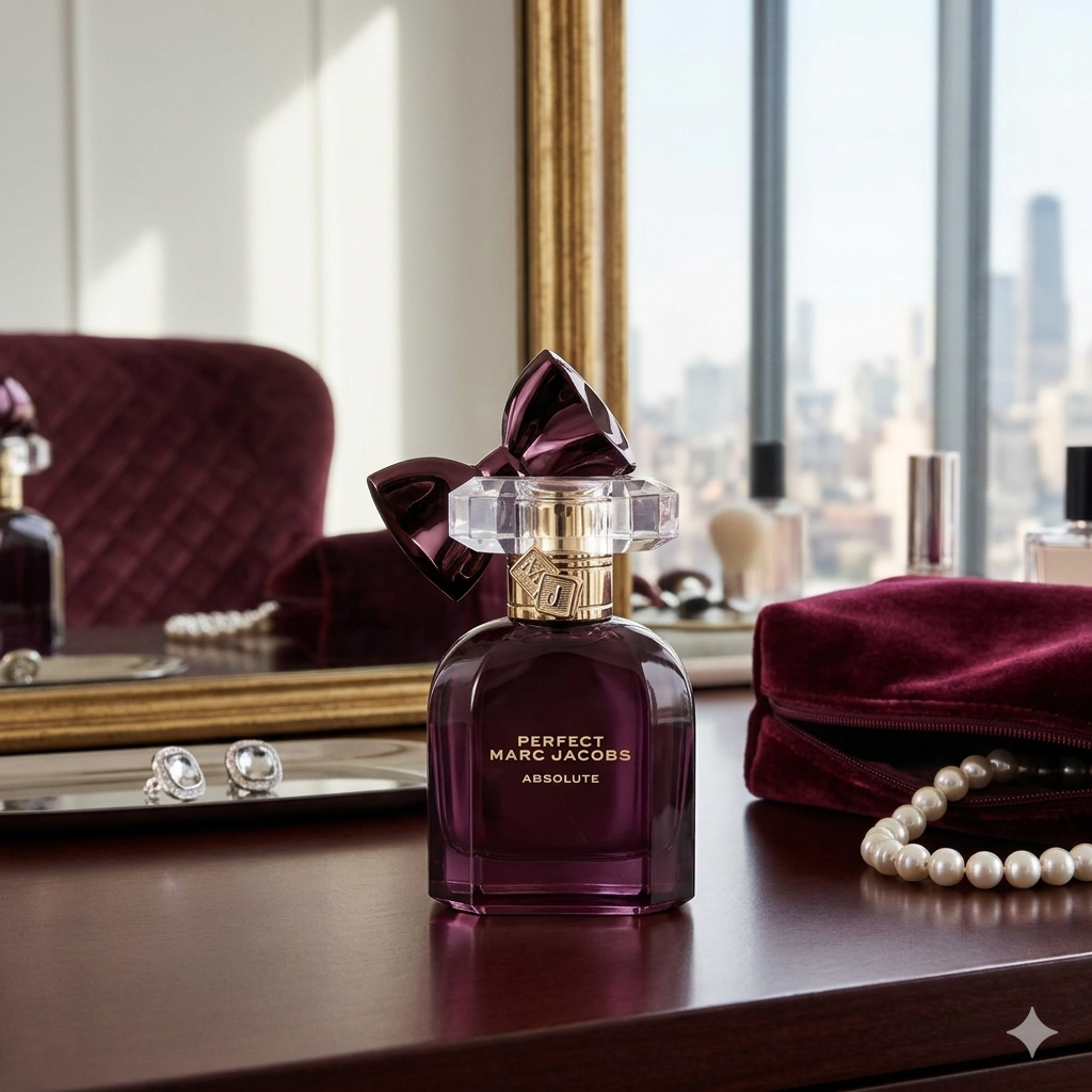 Purple perfume bottle with bow on a table in a room with large windows and city view.