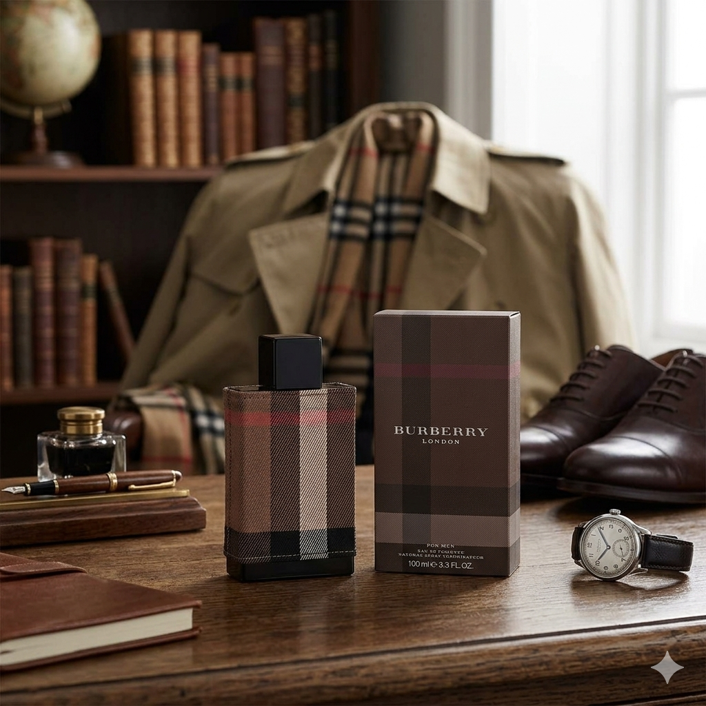 Burberry perfume bottle and packaging on a wooden surface with a trench coat and shoes in the background.