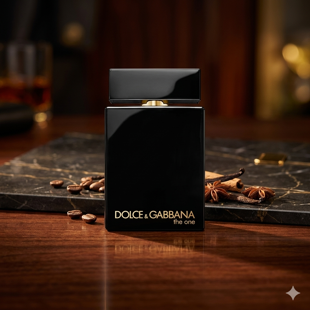 Dolce & Gabbana perfume bottle on a dark surface with coffee beans and star anise.