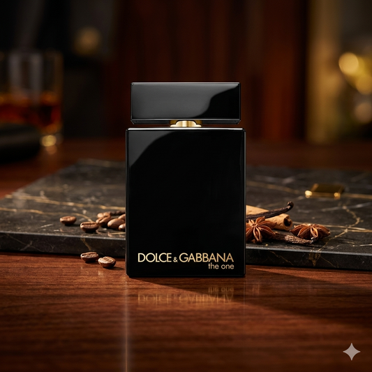 Dolce & Gabbana perfume bottle on a dark surface with coffee beans and star anise.