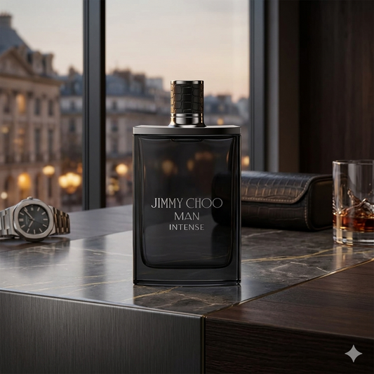 Black Jimmy Choo Man Intense perfume bottle on a marble surface with a cityscape in the background