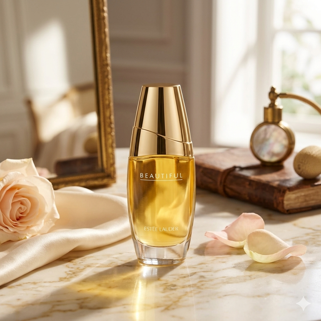 Estée Lauder Beautiful perfume bottle on a marble surface with roses and a mirror in the background
