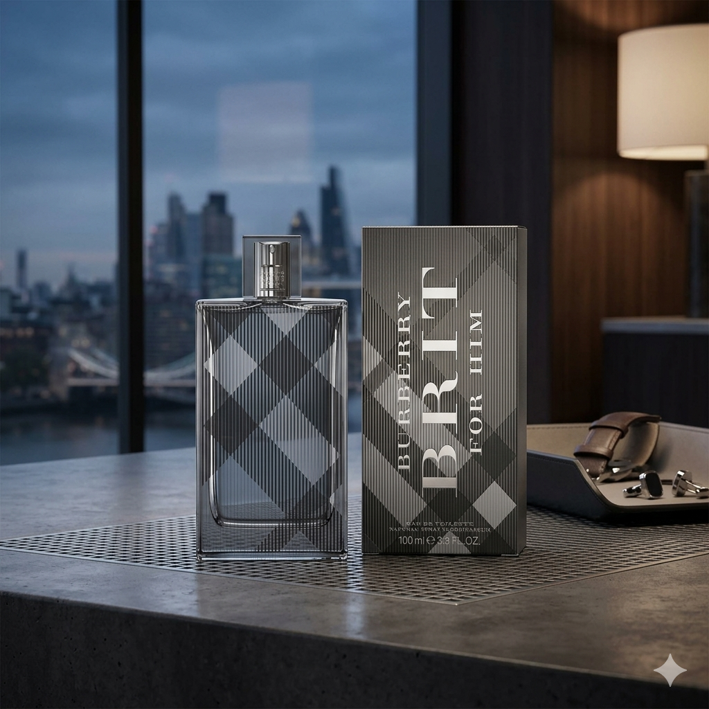Burberry Brit for Him perfume bottle and packaging on a table with a cityscape background