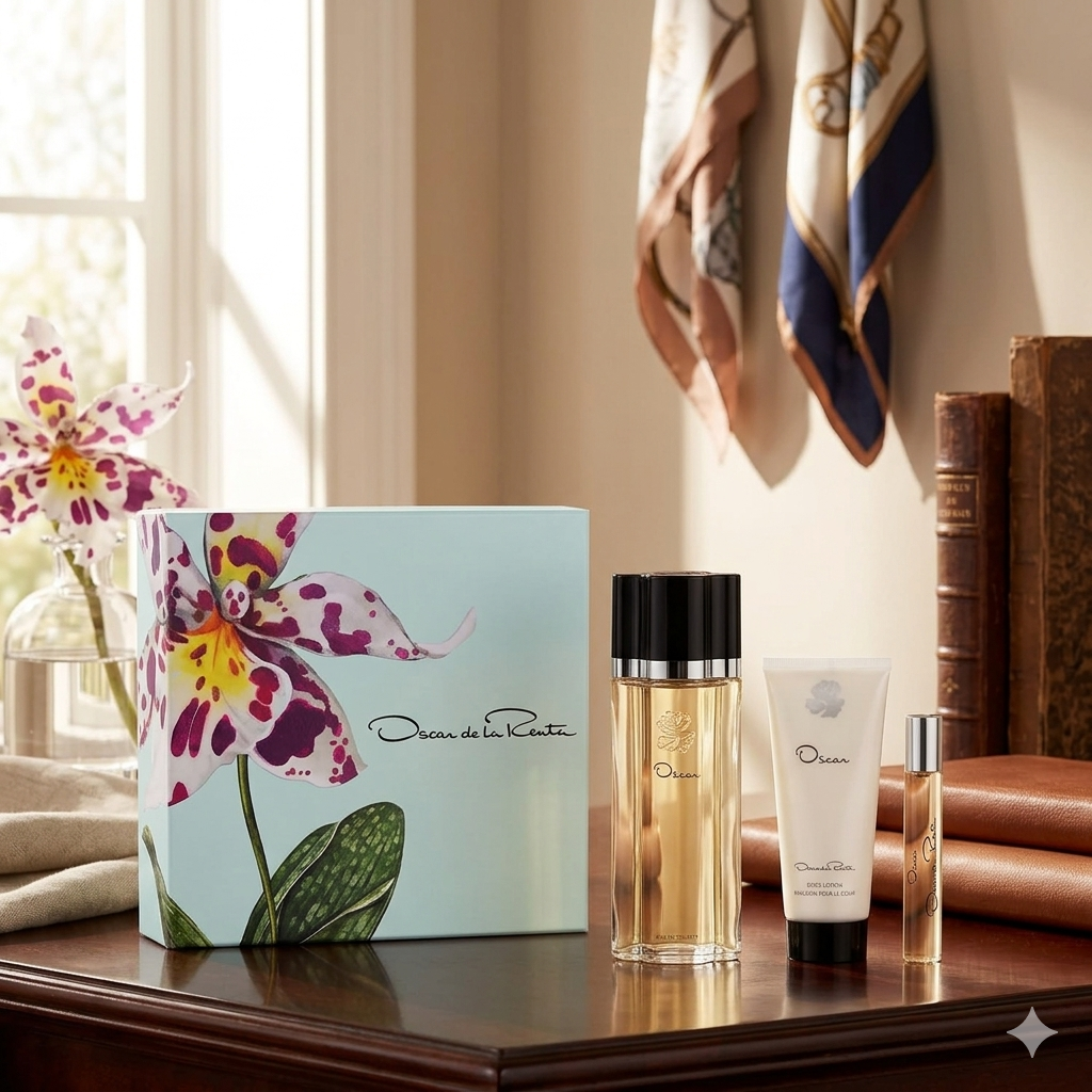 Oscar de la Renta perfume set on a wooden surface with a decorative box and floral arrangement.