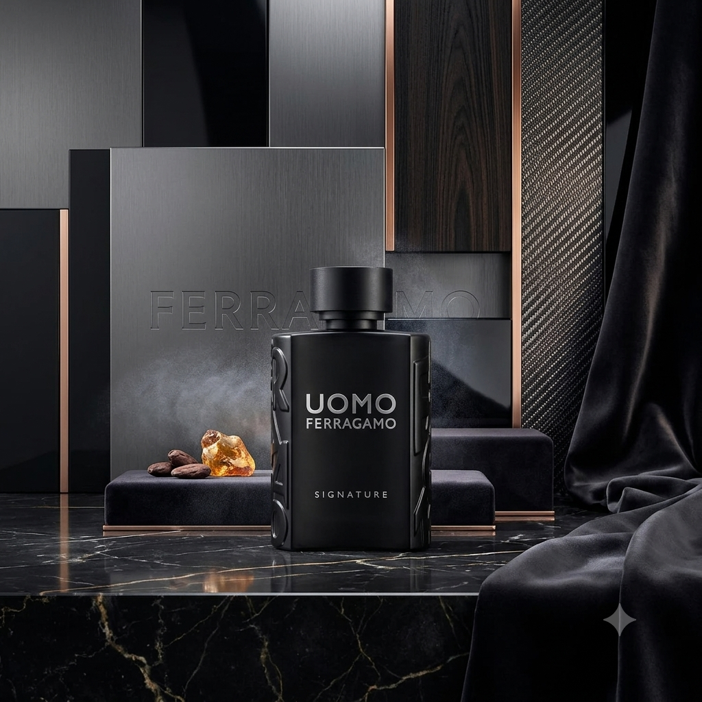 Ferragamo Uomo Signature fragrance bottle in matte black, displayed on a dark marble surface with its matching box and decorative props in a luxury black-toned setting.