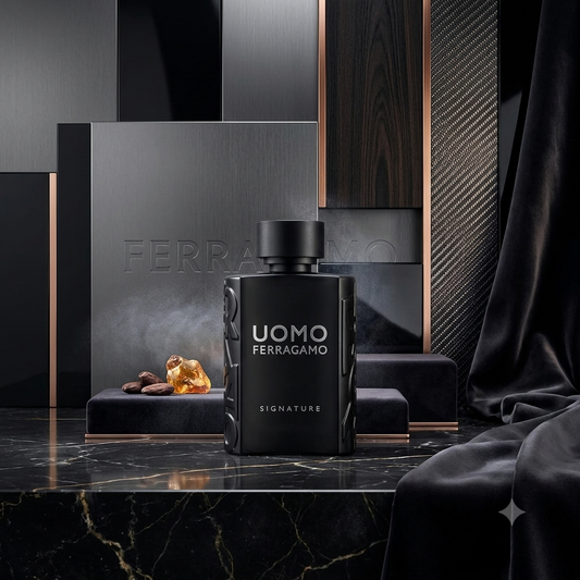 Ferragamo Uomo Signature fragrance bottle in matte black, displayed on a dark marble surface with its matching box and decorative props in a luxury black-toned setting.