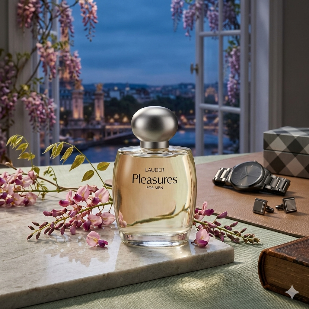 Lauder Pleasures for Men perfume bottle on a table with flowers and a cityscape in the background